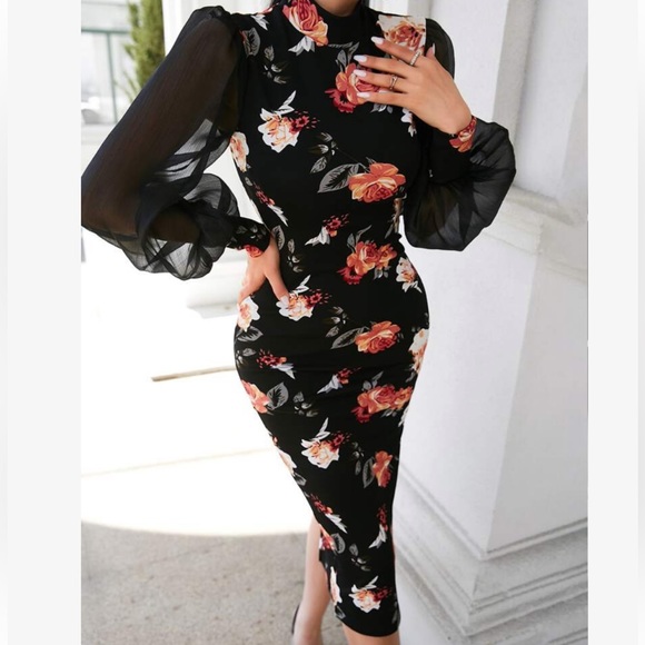 Elegant Classic Floral Mesh Puff Long Sleeve Slit Back Pencil Bodycon Dress - Picture 6 of 7